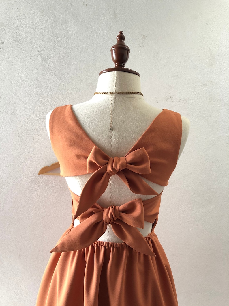 Ella Dress Caramel Brown Back bow party dress vintage retro Khaki bridesmaid gown summer fashion sundress swing cute twin bow quirky design