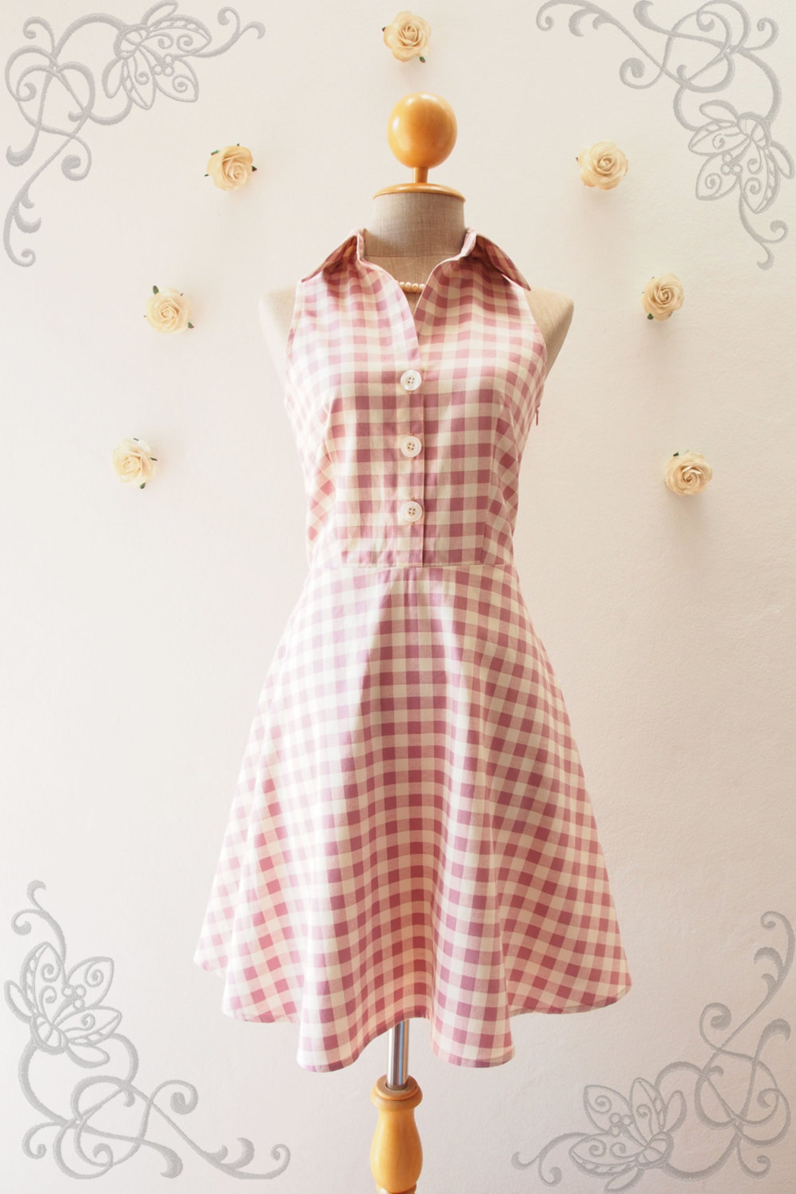 Pink Shirt Dress Dusky Pink Gingham Dress Vintage Style Dress - Etsy