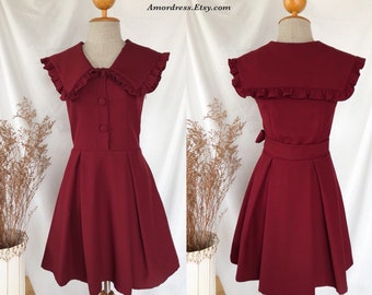 JULIATA Dress / Red party dress big collar sleeveless shirt dress vintage Korea women summer fashion swing dress bridesmaids red wedding