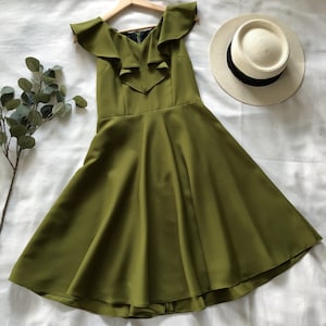 Olive Green Drees Ruffle V neck Women Summer Fashion Party Dress Olive green bridesmaid 2021 Rustic Wedding Vintage Sundress - Blake