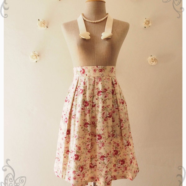 Floral Lady Look Pleated Mid Skirt Cream Floral skirt Vintage Inspired Skirt Shabby Chic Skirt Sweet Skirt in Cream-Size S-M-