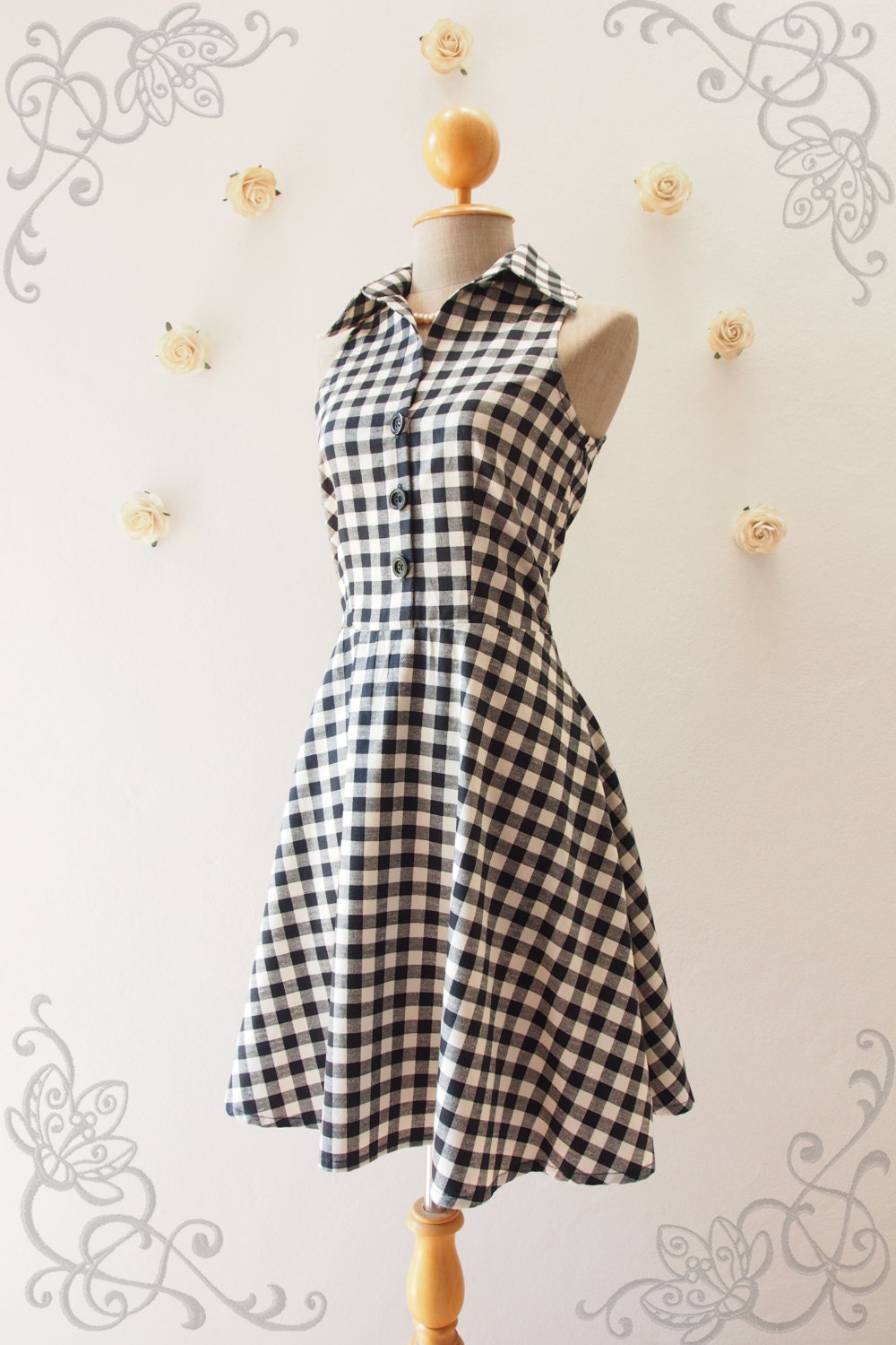 Shirt Dress Black Gingham Dress Vintage Style Dress Summer - Etsy