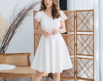 White Party Dress Ruffle Baptist Sleeve Dress capsule wardrobe white Sundress Vintage Inspired Prom Dress White Summer Dress -Alita