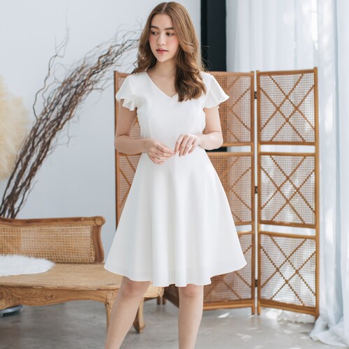 White Party Dress Ruffle Baptist Sleeve Dress Swing Skirt Fit - Etsy