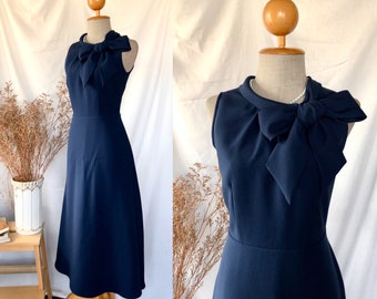 Paris -Navy Dress Turtle Neck Big Bow Elegant Royal Design Floor Length Party Dress Blue Bridesmaid Gown Summer timeless Wedding Party Dress