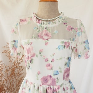 Purple Rose Vintage Floral Summer Dress Puff Sleeve Sundress Flower Organza Fabric Dutchess Dress Romantic Picnic in Garden Dress Women