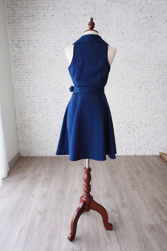 Amordress Summer Navy Shirt Dress Timeless Sleeveless Sundress Modest Church Dark Blue Elegant Formal Dress Working Dress Vintage