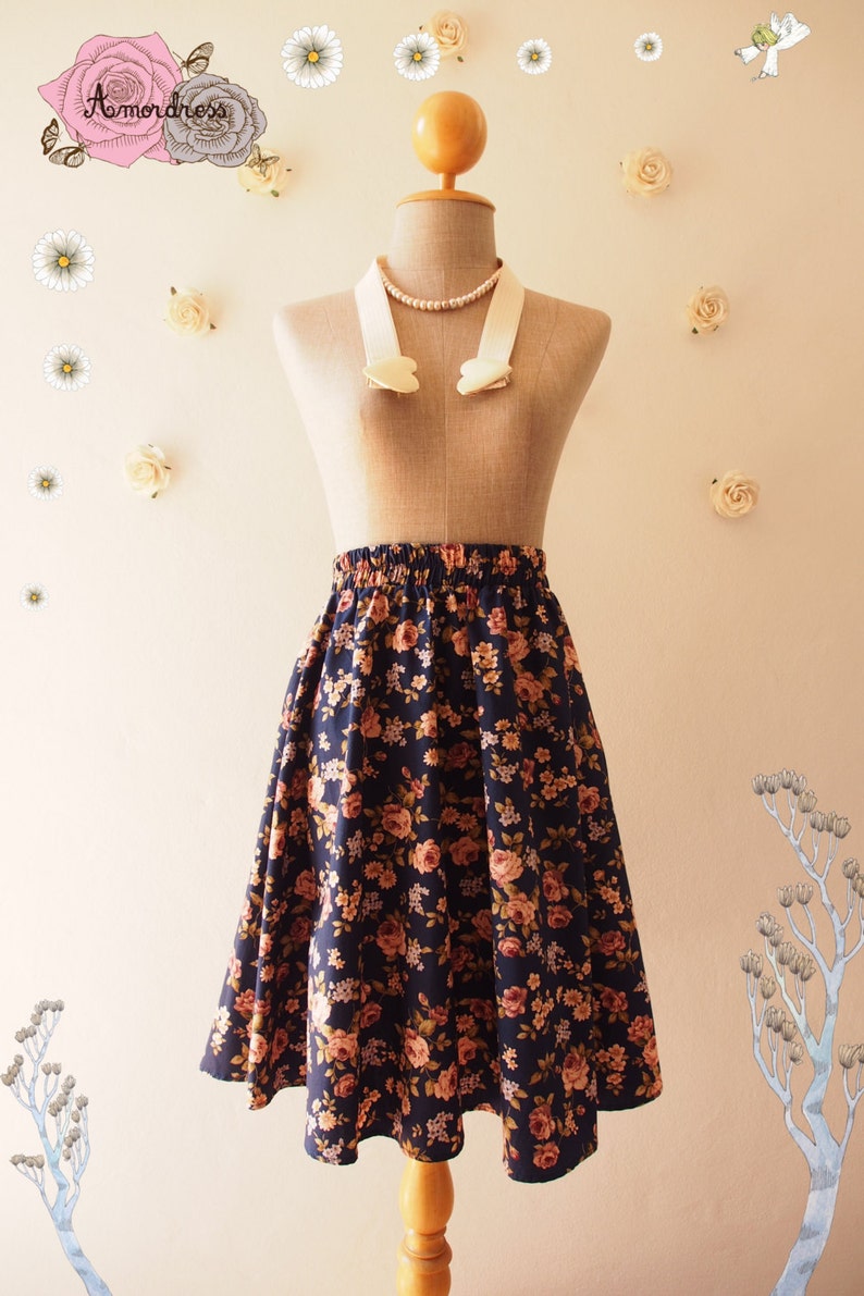 Navy Floral Skirt Rose Skirt Summer Skirt Swing Pastel Skirt Dancing Skirt Cotton Midi Skirt Vintage Floral Skirt Size S-M image 3