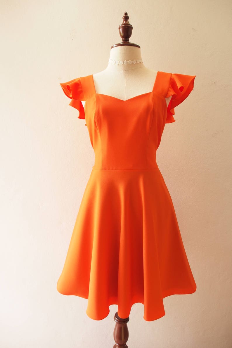 OLIVIA Orange Dress Orange Bridesmaid Dress Swing Dance Dress Tangerine Dress Ruffle Sleeve Sundress Sweetheart Prom Dress Summer Dress image 6