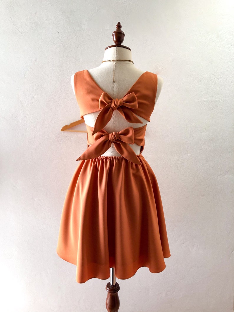 Ella Dress Caramel Brown Back bow party dress vintage retro Khaki bridesmaid gown summer fashion sundress swing cute twin bow quirky design