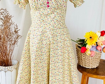 Yellow floral dress vintage retro picnic summer dress women cute clothes swing skirt holiday capsule wardrobe handmade art clothing
