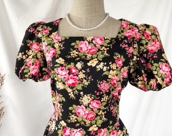 Size S - Vintage FloralSundress Black Picnic Swing Dress Retro Bridesmaids Party Dress Women Flower Summer Clothing Cotton Puff Sleeve Dress