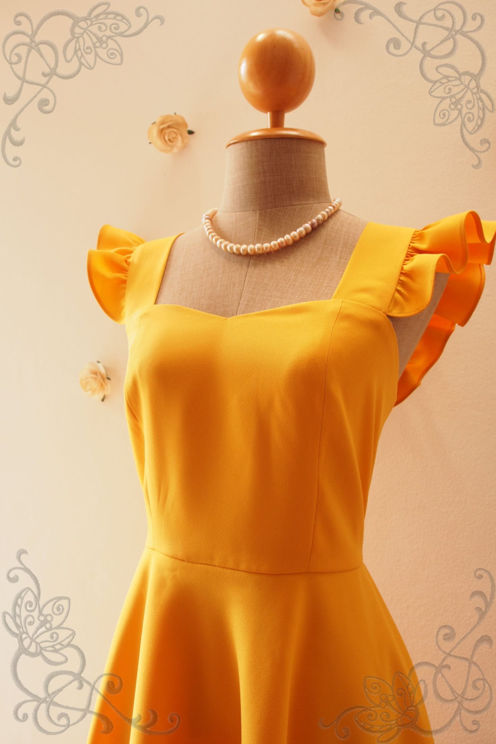 OLIVIA Bright Mustard Yellow Dress Ruffle Sleeve Dress Etsy