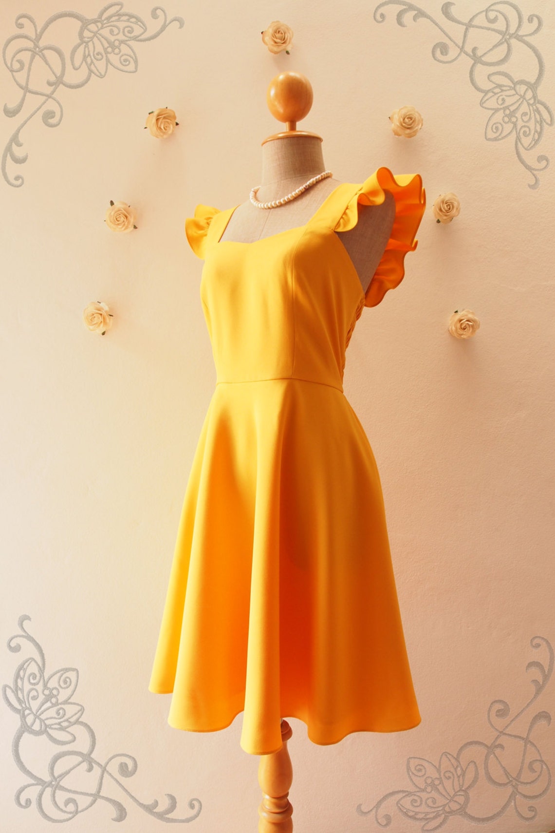 OLIVIA Bright Mustard Yellow Dress Ruffle Sleeve Dress Etsy