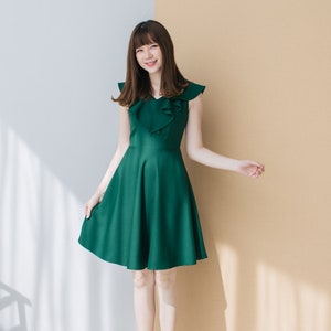 Blake - Timeless Forest Green Dress V neck Ruffle Flare skirt Women capsule wardrobe Vintage Summer Dress