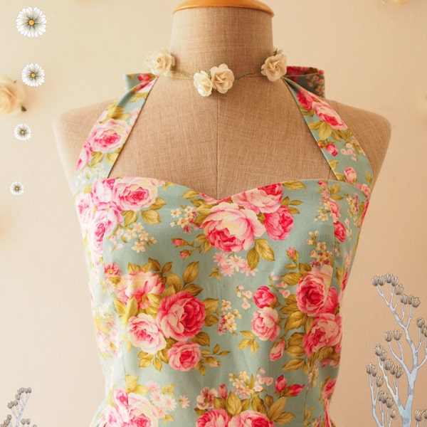 SALE Blue Tea  Dress Pink Rose Floral Dress Sweet Rose Vintage Inspired Floral Tea Dress Romantic Party Prom Dress Bridesmaid Dress -Size S