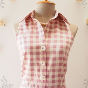 Pink Shirt Dress, Dusky Pink Gingham Dress Vintage Style Dress Cute Summer Sundress, Dancing Dress Working Dress Size XS-XL