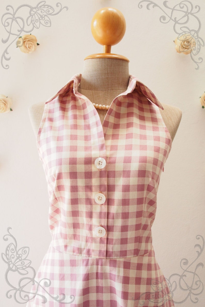 Pink Shirt Dress, Dusky Pink Gingham Dress Vintage Style Dress Cute Summer Sundress, Dancing Dress Working Dress Size XS-XL image 1