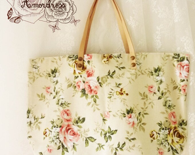 Floral Tote Bag Printed Canvas Bag Genuine Leather Strap Light Etsy