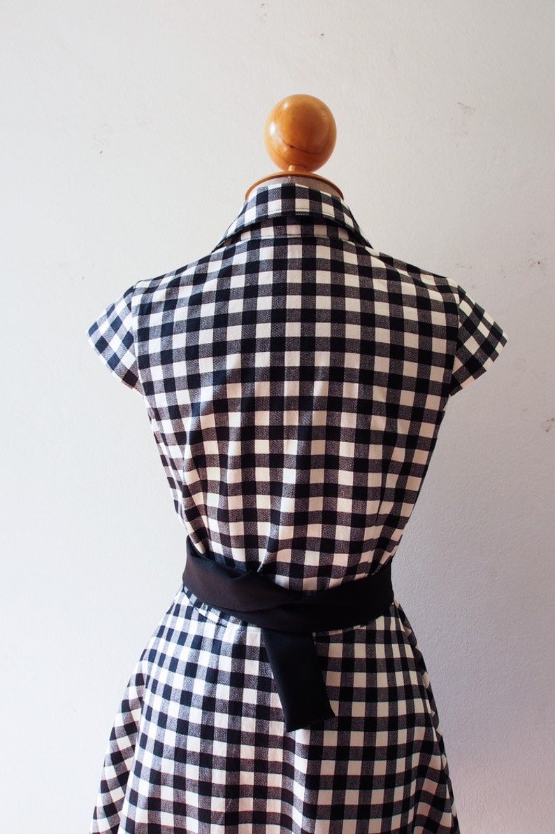 Summer Dress Black Gingham Dress Cap Sleeve Shirt Dress Swing Skirt Fit and Flare Vintage Sundress Mod Belt Black Dress DOWNTOWN image 7