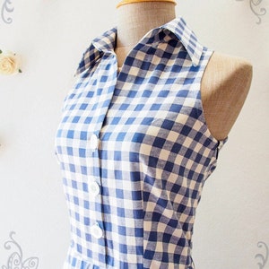 Sundress Blue Gingham Dresd Shirt Dress Blue Sundress Vintage Style Dress Summer Working Dress Skater Dresd Mod Clothing