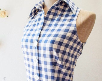Sundress Blue Gingham Dresd Shirt Dress Blue Sundress Vintage Style Dress Summer Working Dress Skater Dresd Mod Clothing