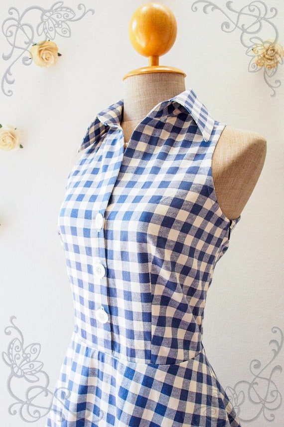 Sundress Blue Gingham Dresd Shirt Dress Blue Sundress Vintage Style Dress Summer Working Dress Skater Dresd Mod Clothing Etsy
