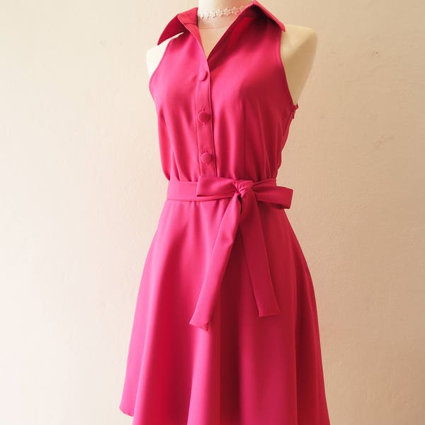 DOWNTOWN Fuchsia Dress Shirt Dress Day Fuchsia Pink Bridesmaid Dress Wedding Photo Dress Bright Color Sundress Vintage pink Barbie Dress