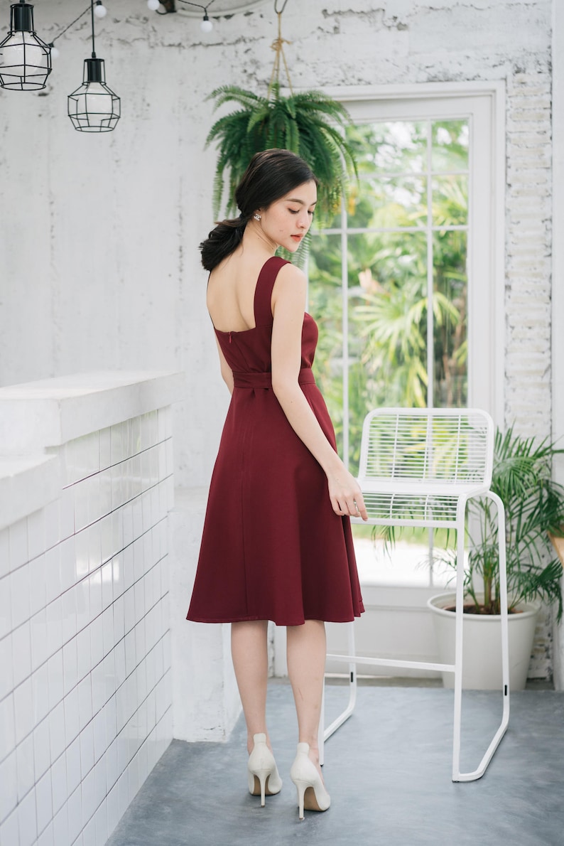 Baverly Dark Burgundy Dress Vintage Modern Simple Retro Dress Summer Wedding Dress Fit and Flare Summer Dress Elegant Beth red Sundress image 2