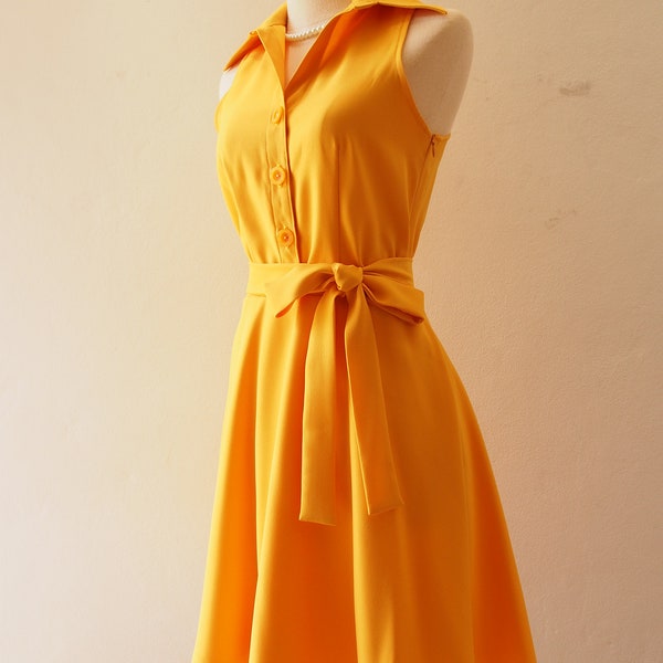 DOWNTOWN - yellow Sundress Mustard Dress Shirt Dress Swing Dance Dress Vintage Inspired Dress 1970 Summer Dress Retro Pin Up Dress