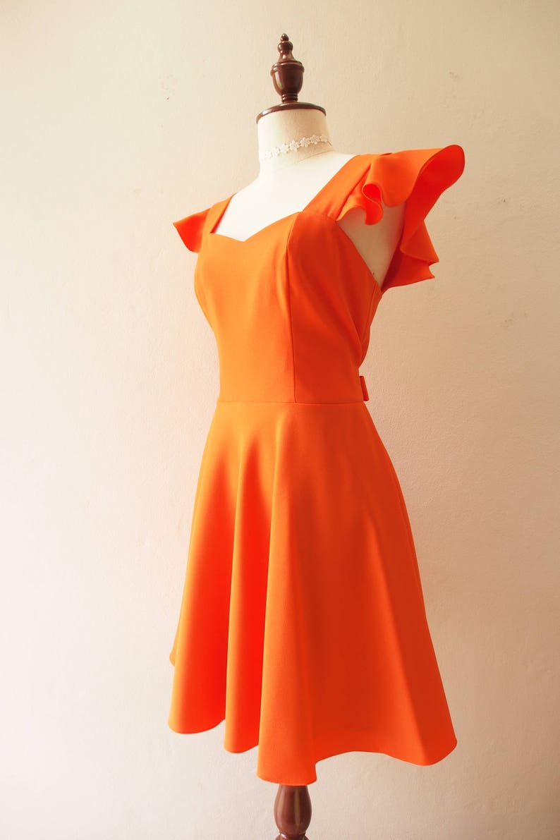 OLIVIA Orange Dress Orange Bridesmaid Dress Swing Dance Dress Tangerine Dress Ruffle Sleeve Sundress Sweetheart Prom Dress Summer Dress image 8