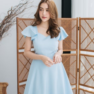 Blue Party Dress Blue Bridesmaid Dress school dance Ruffle Sleeve Dress Swing Skirt Blue Sundress Vintage Prom Dress Summer Dress -Alita