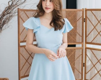 Blue Party Dress Blue Bridesmaid Dress school dance Ruffle Sleeve Dress Swing Skirt Blue Sundress Vintage Prom Dress Summer Dress -Alita