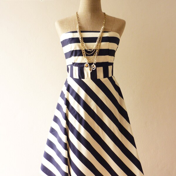 Summer Pin up Dress Chic Stripe Dress Navy White Stripe Circle Skirt Strapless Retro Dress  -Size S-
