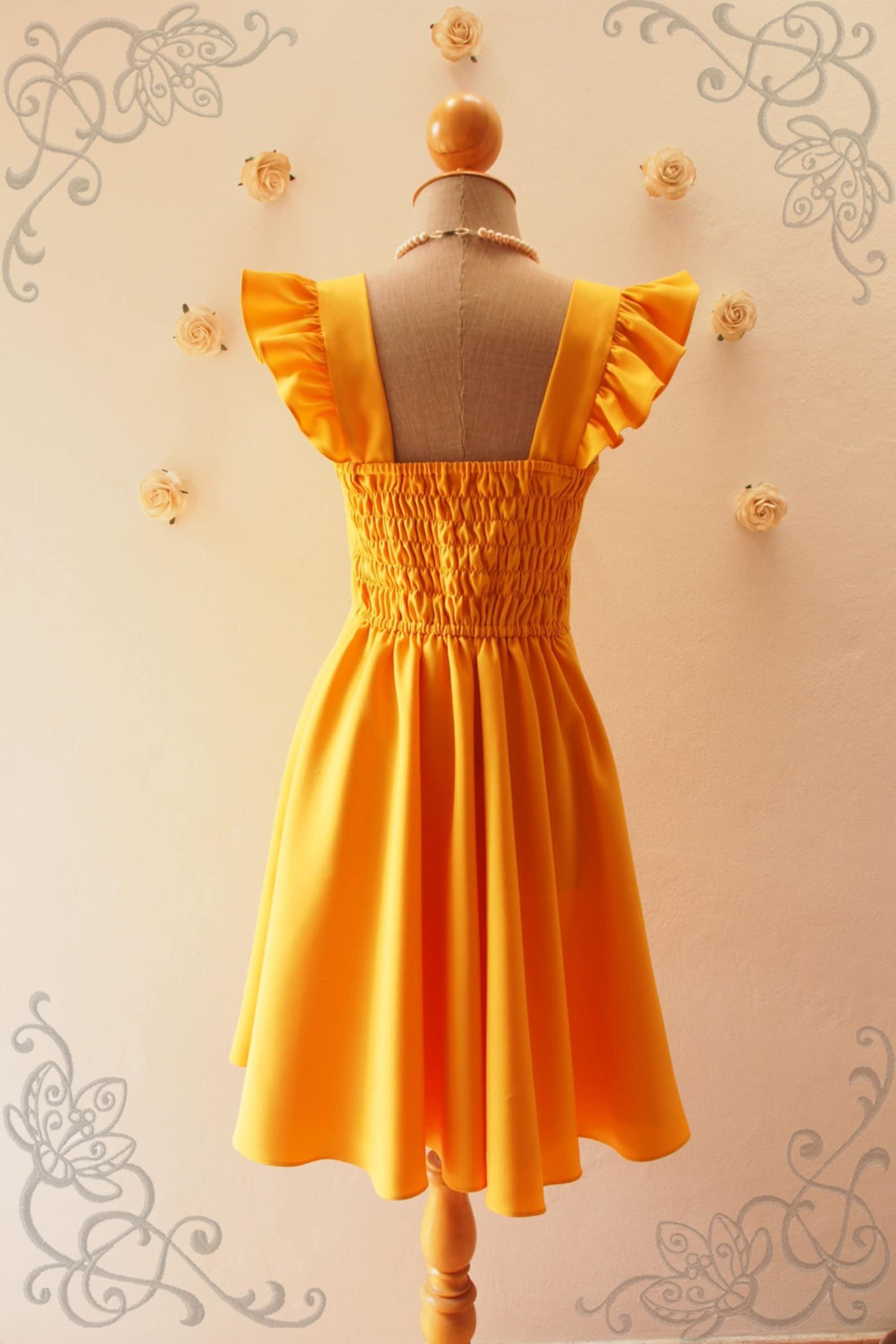 OLIVIA Bright Mustard Yellow Dress Ruffle Sleeve Dress Etsy