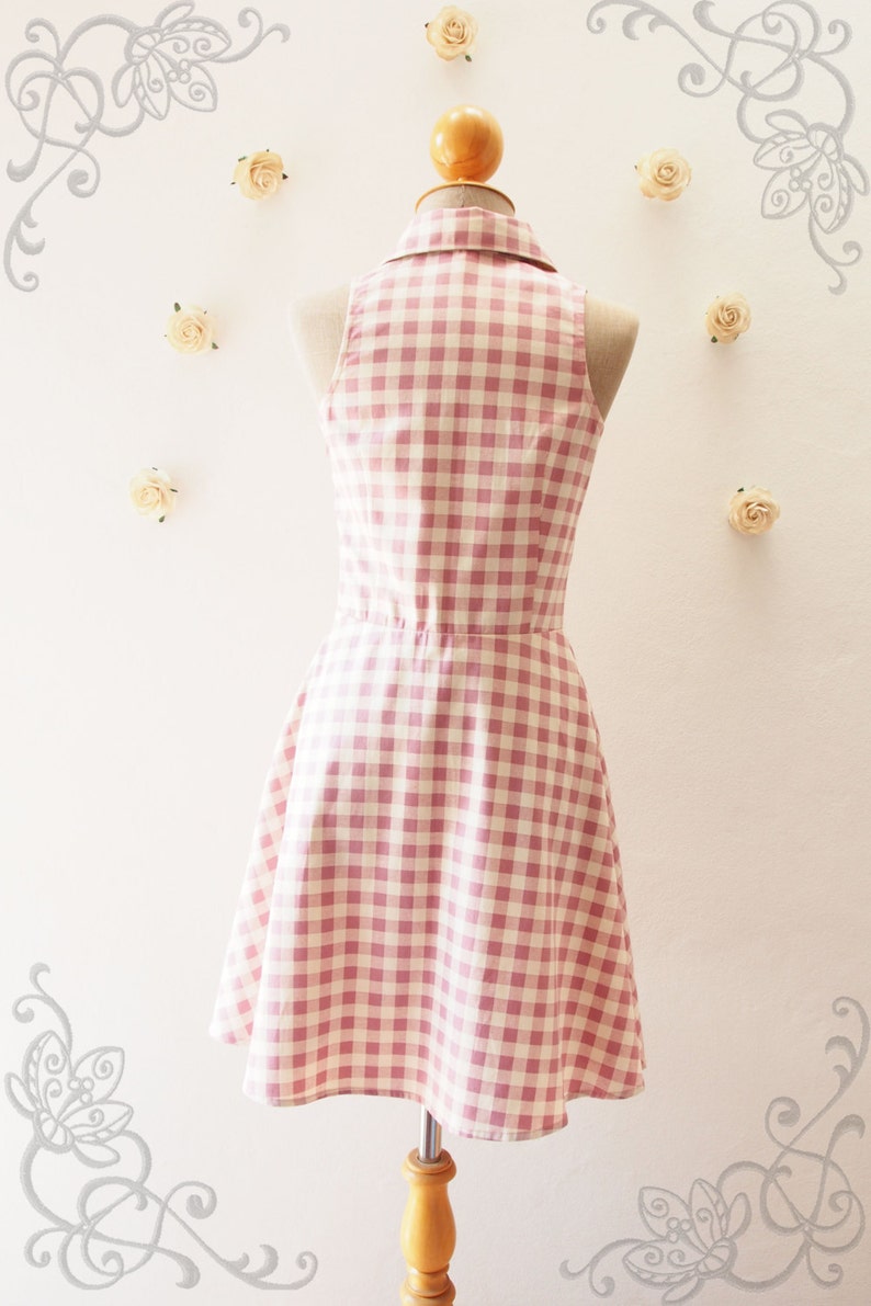 Pink Shirt Dress, Dusky Pink Gingham Dress Vintage Style Dress Cute Summer Sundress, Dancing Dress Working Dress Size XS-XL image 5