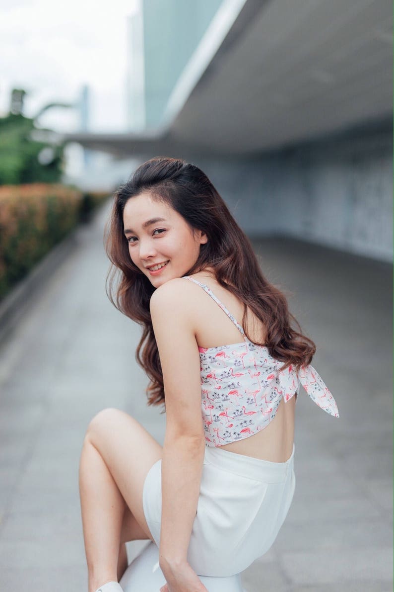 Spaghetti Straps Top Long Bow Crop Top Mocha Brown Stripe Back Self-Tie Bow Beach Holiday Clothing