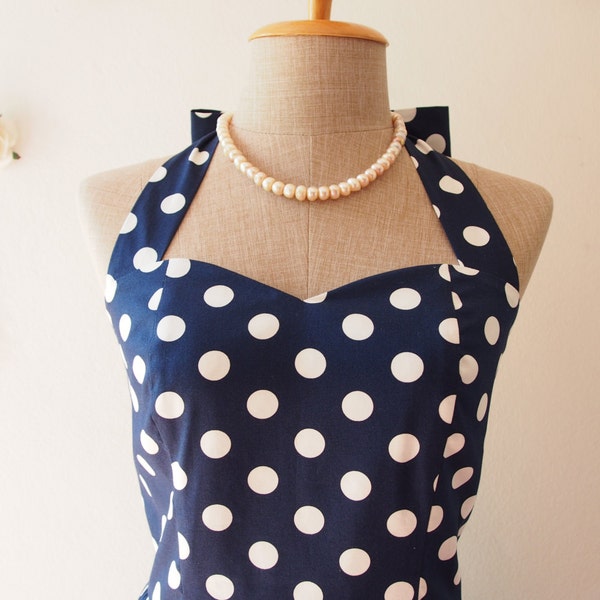 Navy Polka dot Dress Navy Nautical Party Dress Swing Dress Vintage Retro Modern Dress Bridesmaid Rockabilly Dress Plus Size -XS-XL,Custom