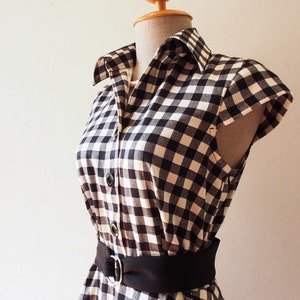 Summer Dress Black Gingham Dress Cap Sleeve Shirt Dress Swing Skirt Fit and Flare Vintage Sundress Mod Belt Black Dress -DOWNTOWN