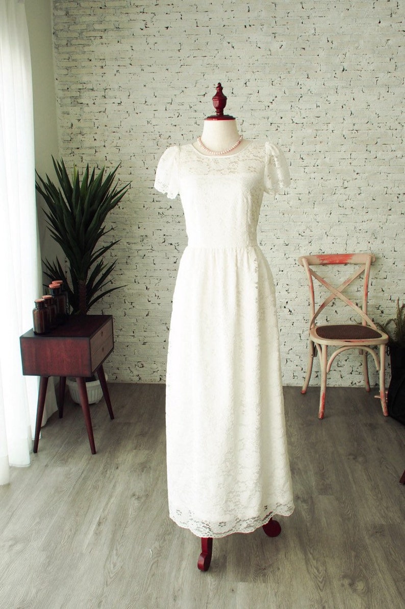 White Lace Dress Vintage Inspired Bridesmaid Dress broderie anglaise Off Long Rustic Wedding Gown Floor Length White Cap Sleeve Halloween image 6