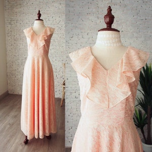 Lace Bridesmaids Dress V-neck and Flounce Ruffle Neckline Peach Prom Lace Dress Floor Length Maxi Party Dress Peach Evening Wedding image 2