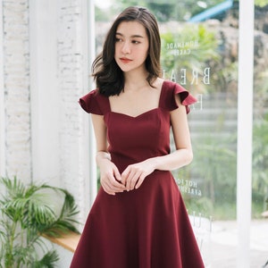 Olivia Burgundy Dress Bridesmaid dress capsule wardrobe dark red Prom Swing Dress Formal Cocktail Wedding Summer Dress Vintage sundress zdjęcie 6