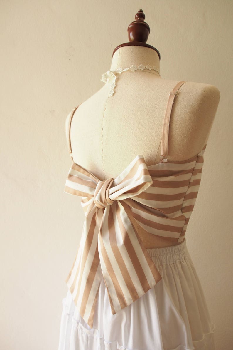Spaghetti Straps Top Long Bow Crop Top Mocha Brown Stripe Back Self-Tie Bow Beach Holiday Clothing