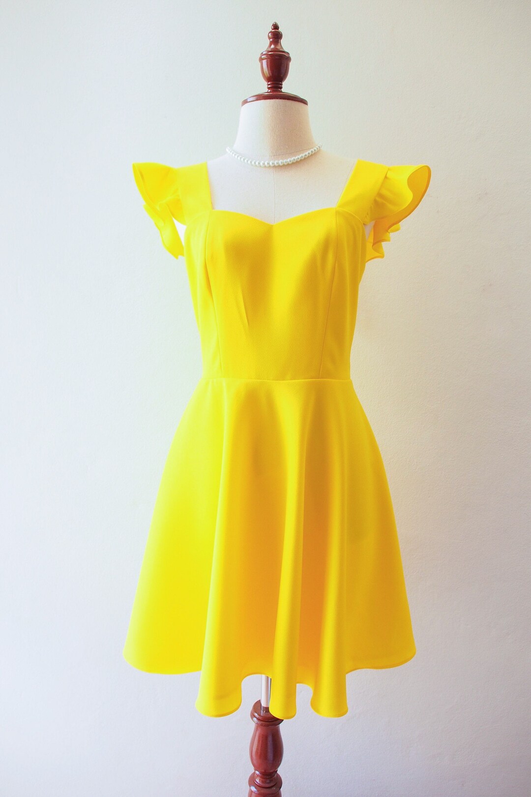 Canary Yellow Dress La La Style Ruffle Straps Fit and Flare Dress From