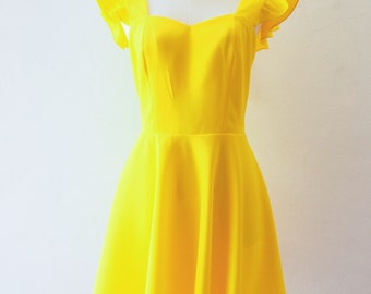 Canary Yellow Dress La La style ruffle straps fit and flare dress from movie vintage sundress yellow bridesmaid party dress