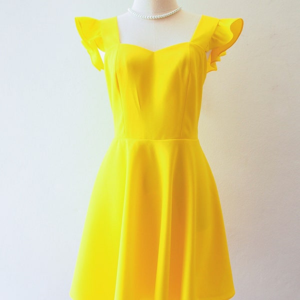 Canary Yellow Dress La La style ruffle straps fit and flare dress from movie vintage sundress yellow bridesmaid party dress