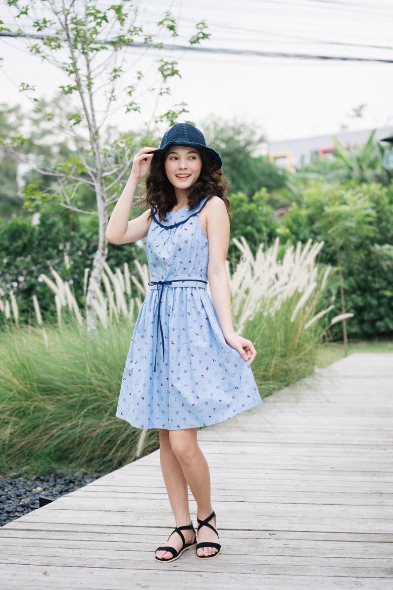 Tea Party Summer Dress Blue Navy Nautical Dress Vintage Modern Cozy Style Clothing Swing Dance Dress Retro Pin Up Girl Dress