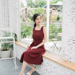 Baverly Dark Burgundy Dress Vintage Modern Simple Retro Dress Summer Wedding Dress Fit and Flare Summer Dress Elegant Beth red Sundress image 5