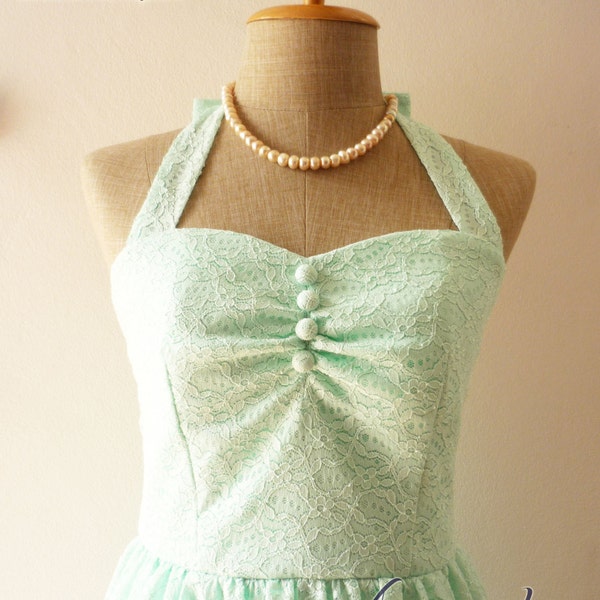 Mint Green Dress Lace Dress Bridesmaid Dress Vintage Inspired Party Wedding Bridal Shower Prom Once Upon A Time -Size S- LAST ONE