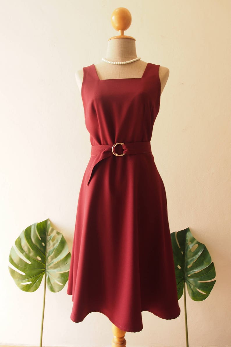 Baverly Dark Burgundy Dress Vintage Modern Simple Retro Dress Summer Wedding Dress Fit and Flare Summer Dress Elegant Beth red Sundress image 8